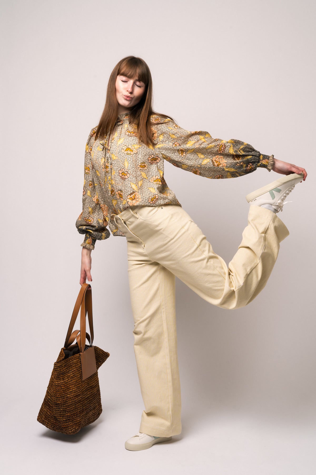 Striped Twill Wide Pants - Straw Comb