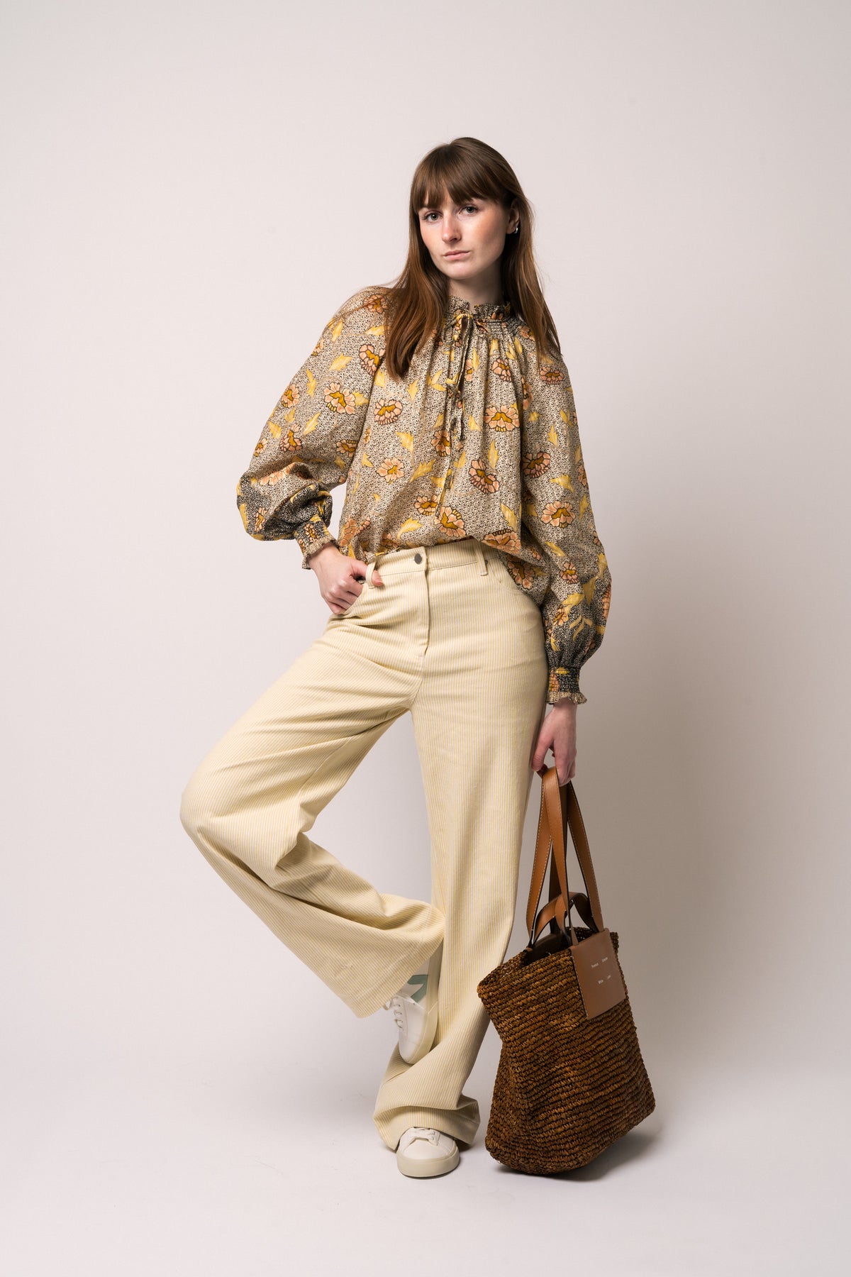 Striped Twill Wide Pants - Straw Comb