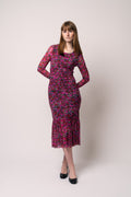 Printed Mesh Long Sleeve Gathered Midi Dress - Fiji Flower