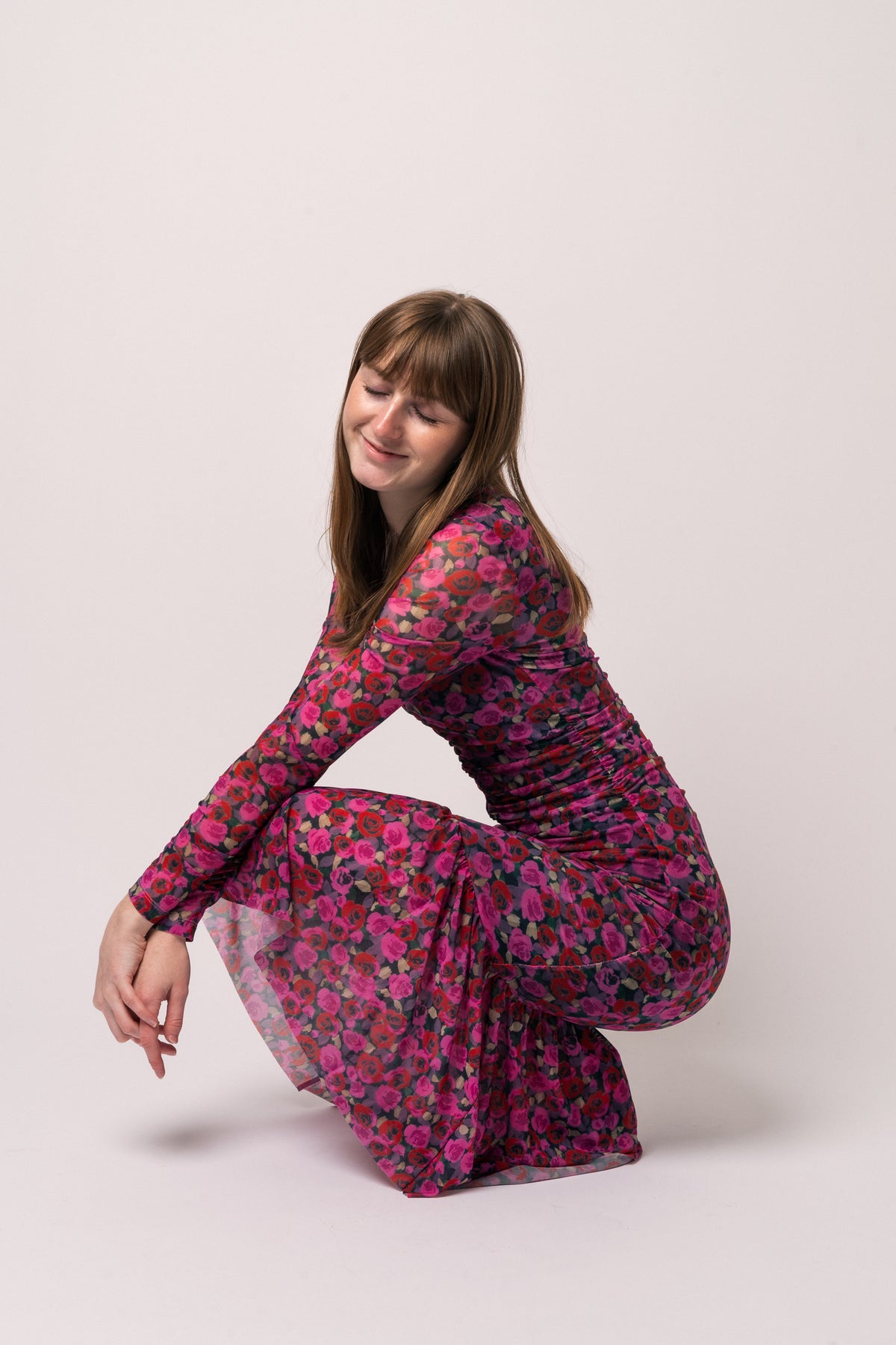 Printed Mesh Long Sleeve Gathered Midi Dress - Fiji Flower