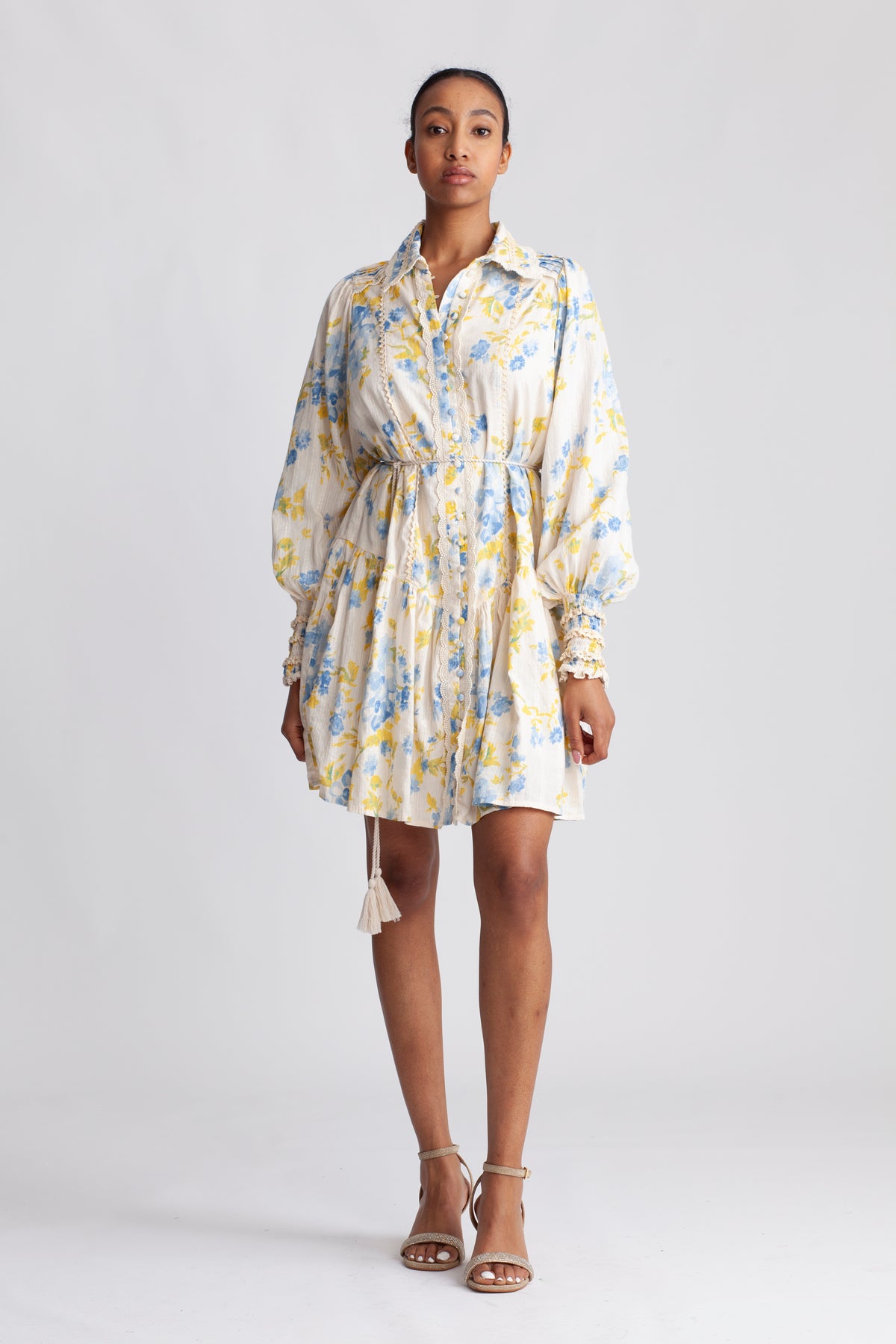 Yassomelli Ls Shirt Dress - Birch W. Blue Flowers