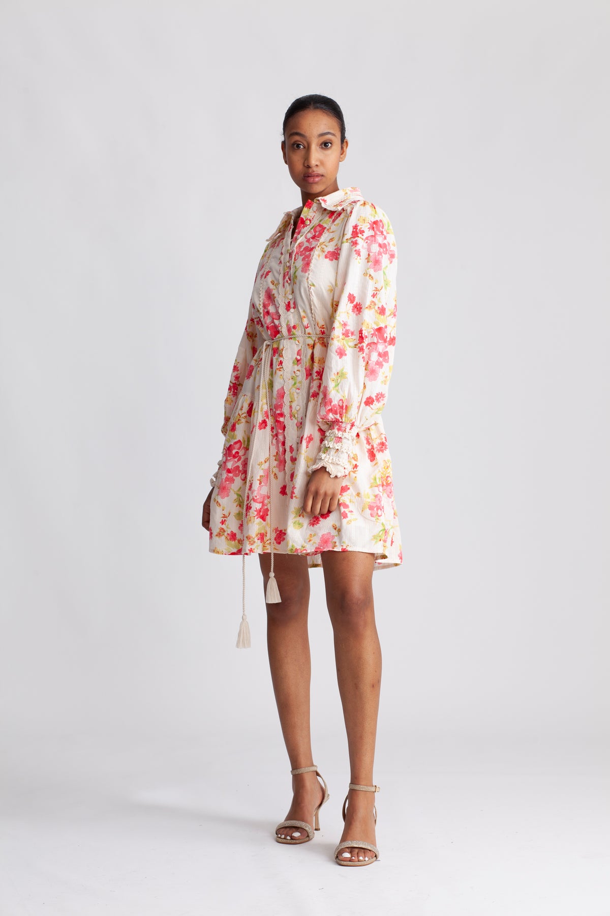 Yassomelli Ls Shirt Dress - Birch W. Red Flowers