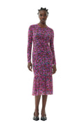 Printed Mesh Long Sleeve Gathered Midi Dress - Fiji Flower