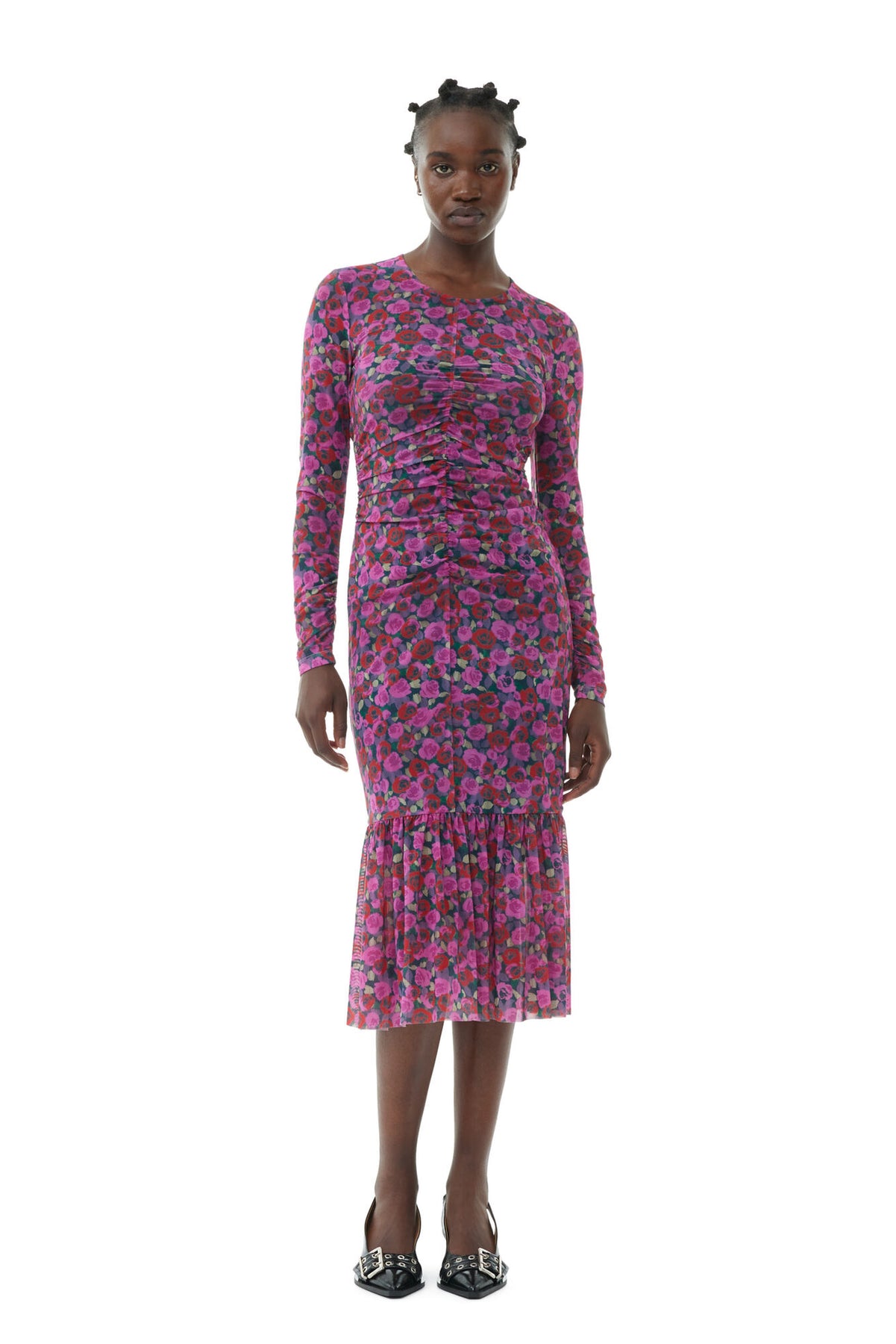 Printed Mesh Long Sleeve Gathered Midi Dress - Fiji Flower