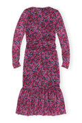 Printed Mesh Long Sleeve Gathered Midi Dress - Fiji Flower