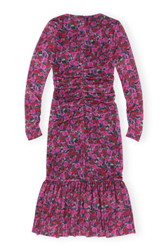 Printed Mesh Long Sleeve Gathered Midi Dress - Fiji Flower