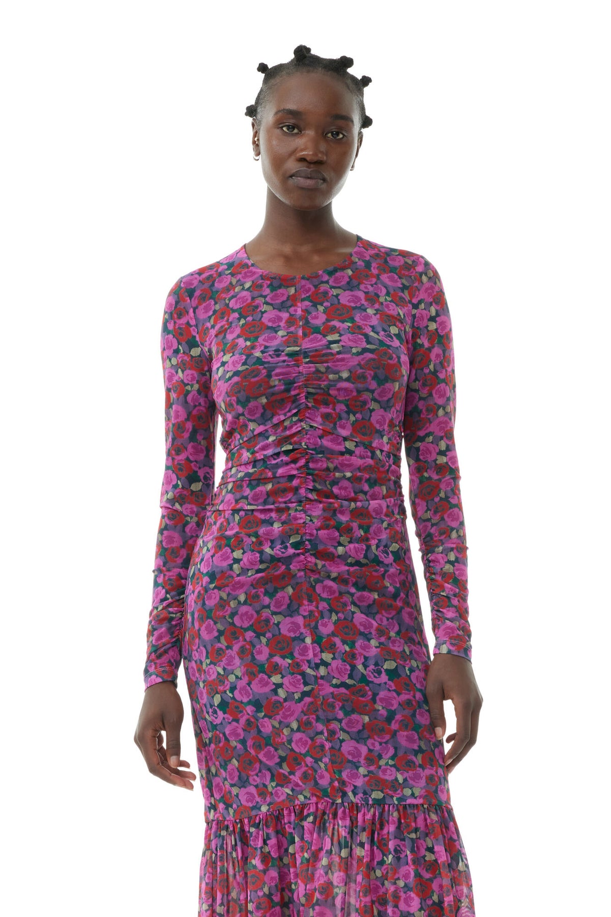 Printed Mesh Long Sleeve Gathered Midi Dress - Fiji Flower