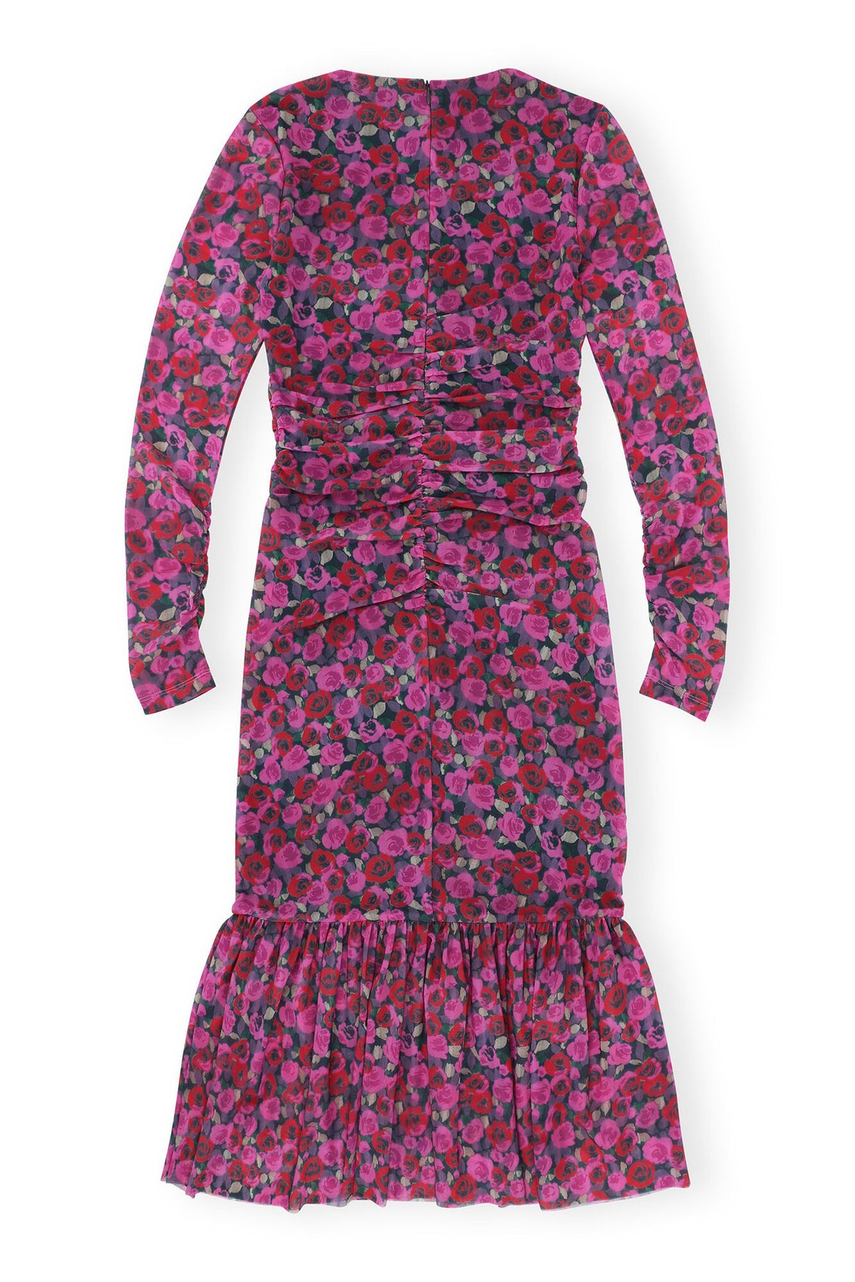 Printed Mesh Long Sleeve Gathered Midi Dress - Fiji Flower