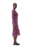 Printed Mesh Long Sleeve Gathered Midi Dress - Fiji Flower