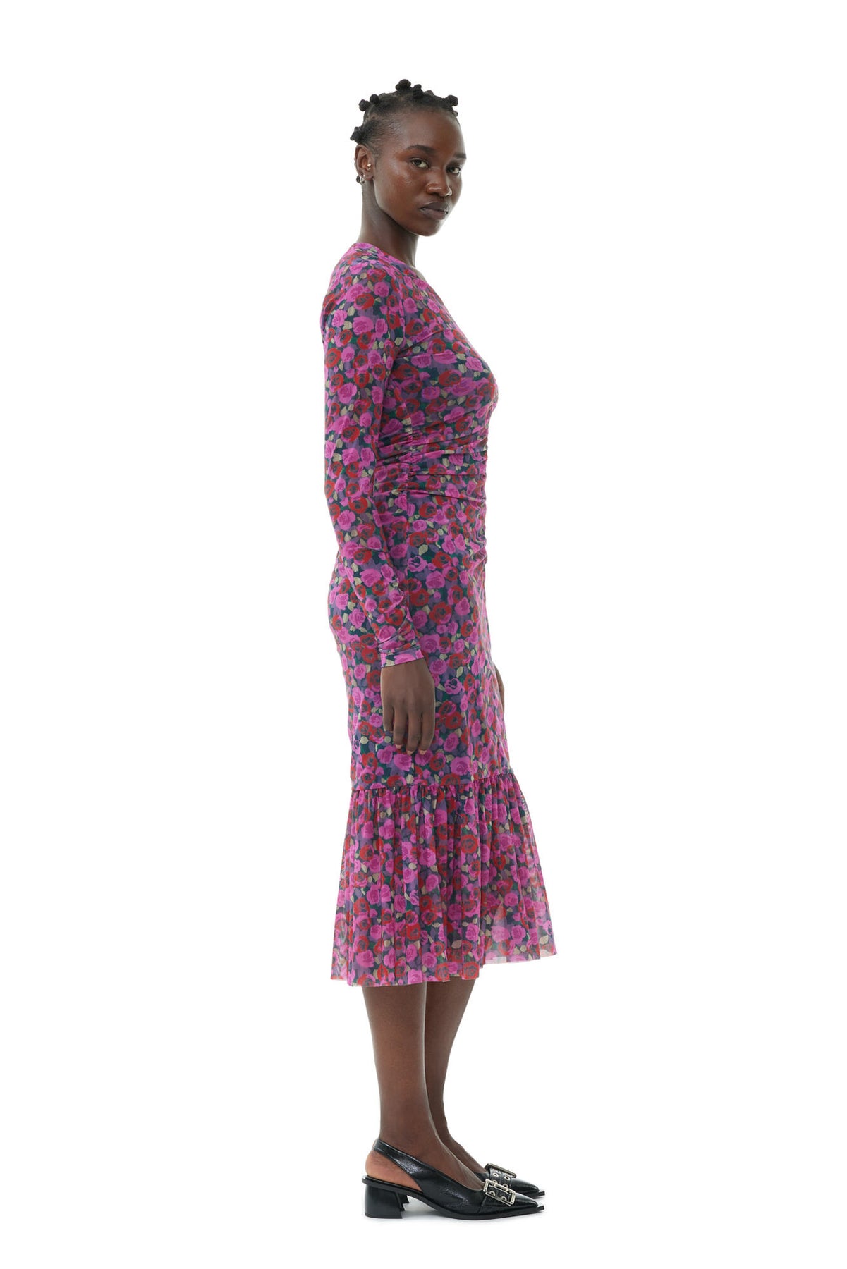 Printed Mesh Long Sleeve Gathered Midi Dress - Fiji Flower
