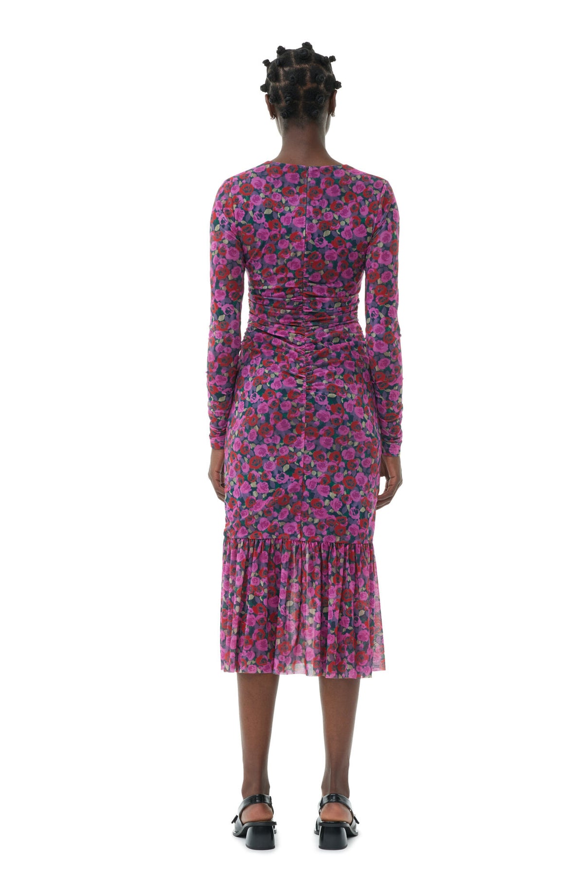 Printed Mesh Long Sleeve Gathered Midi Dress - Fiji Flower
