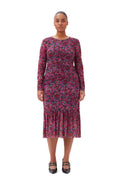 Printed Mesh Long Sleeve Gathered Midi Dress - Fiji Flower
