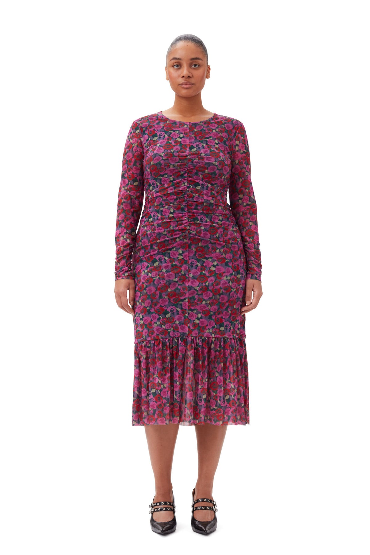 Printed Mesh Long Sleeve Gathered Midi Dress - Fiji Flower