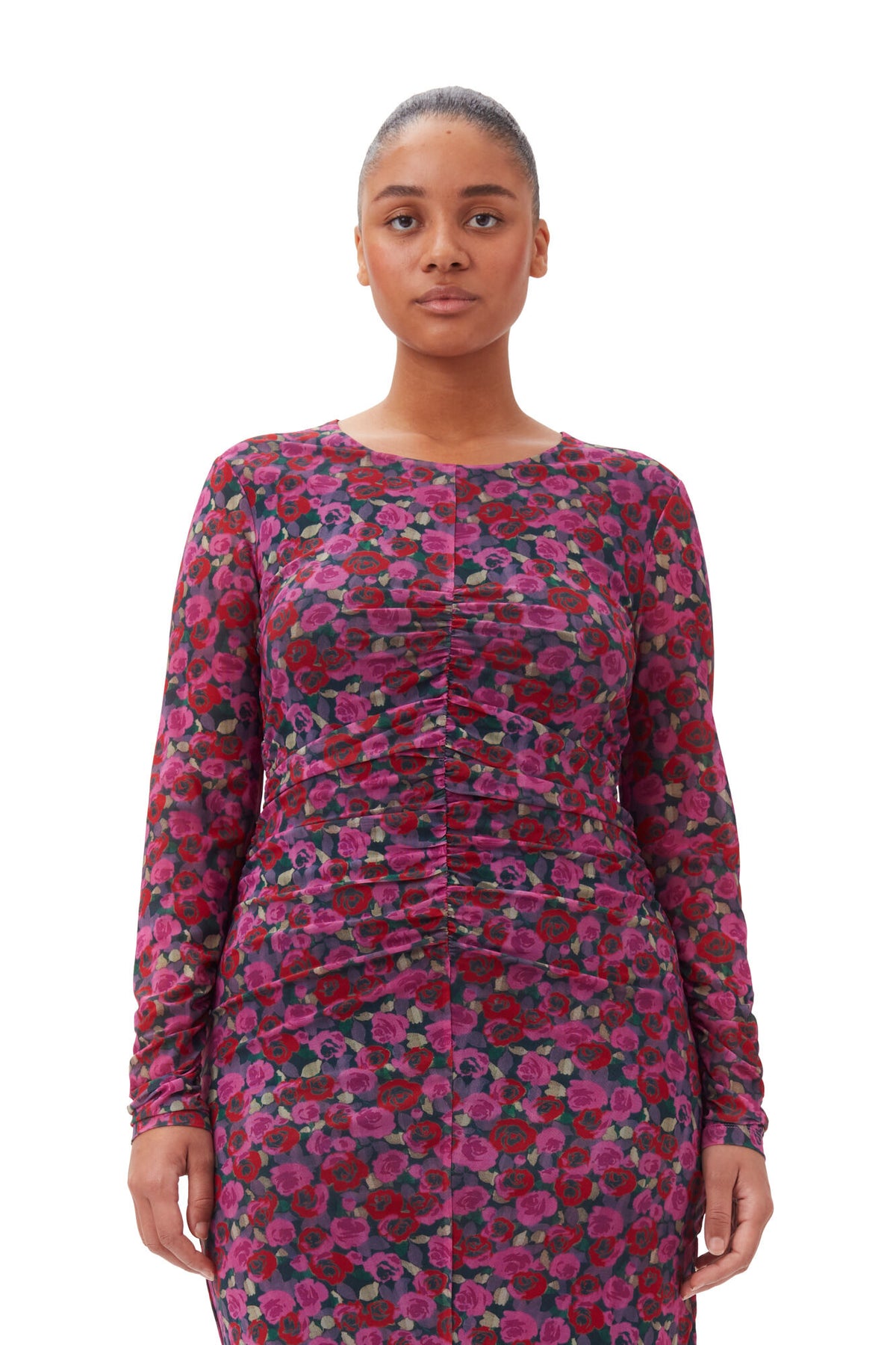 Printed Mesh Long Sleeve Gathered Midi Dress - Fiji Flower