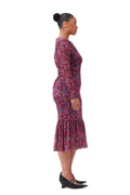 Printed Mesh Long Sleeve Gathered Midi Dress - Fiji Flower