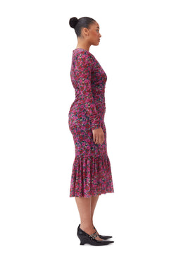 Printed Mesh Long Sleeve Gathered Midi Dress - Fiji Flower