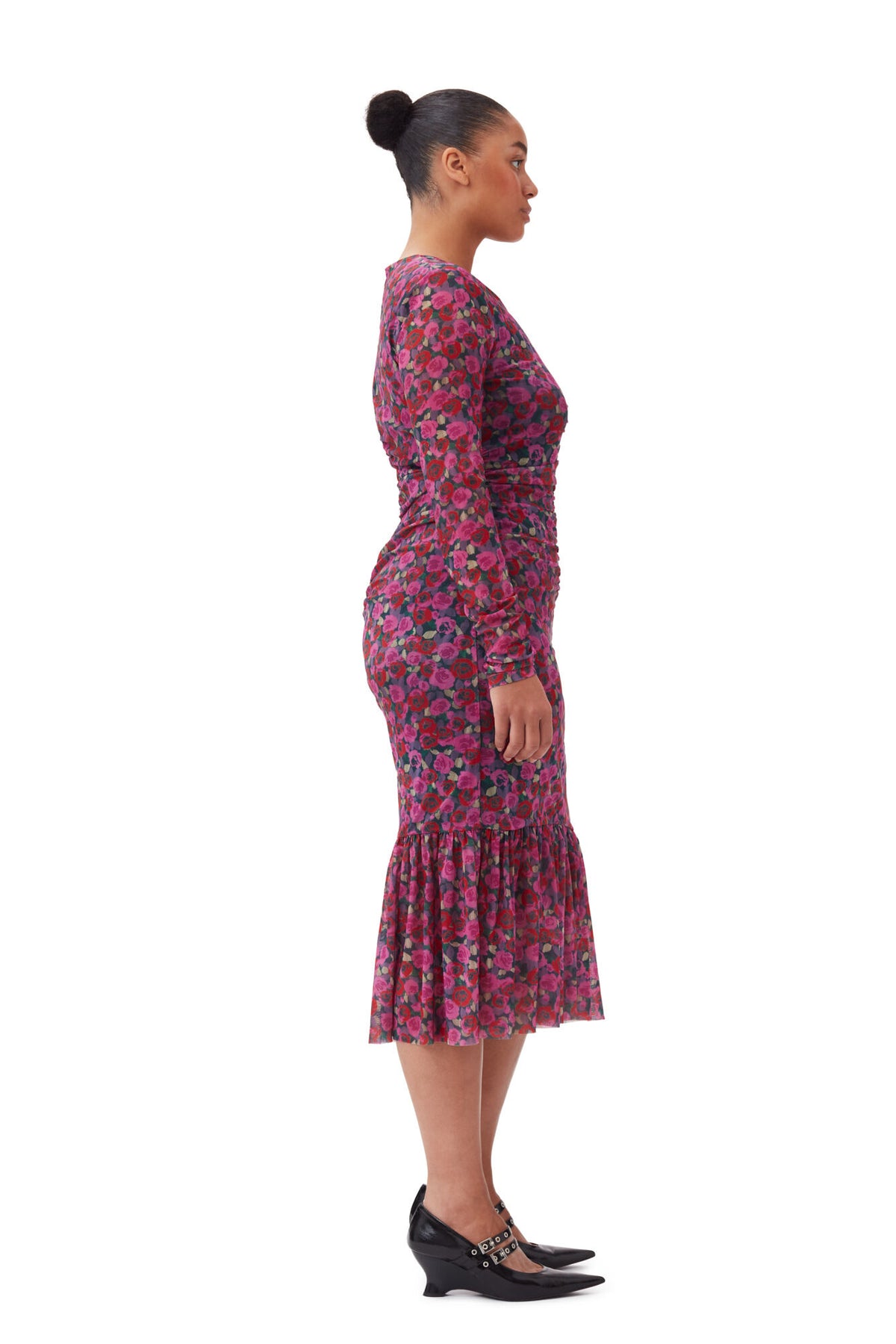 Printed Mesh Long Sleeve Gathered Midi Dress - Fiji Flower