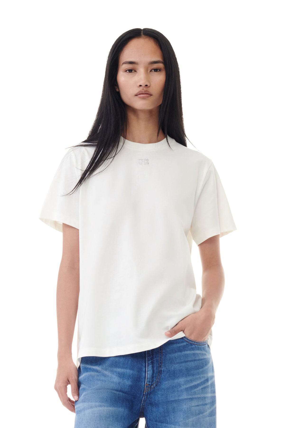 Basic Jersey Rhinestone Relaxed T-Shirt - Egret
