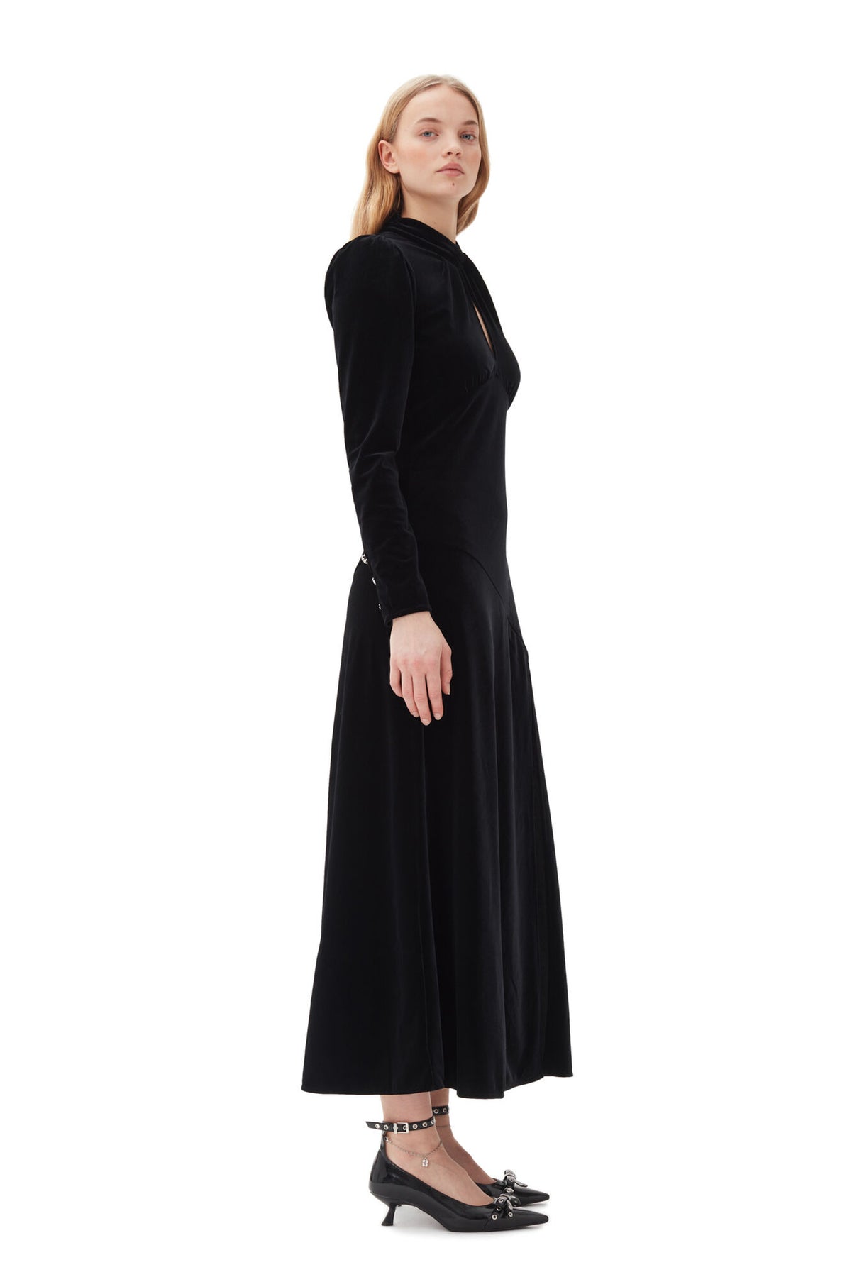 Velvet Jersey Gathered Long Dress - Black