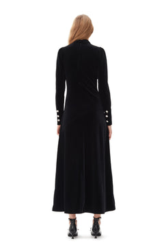 Velvet Jersey Gathered Long Dress - Black