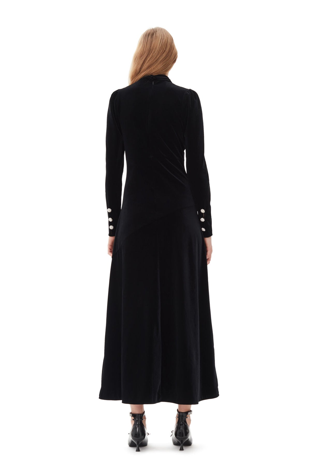 Velvet Jersey Gathered Long Dress - Black