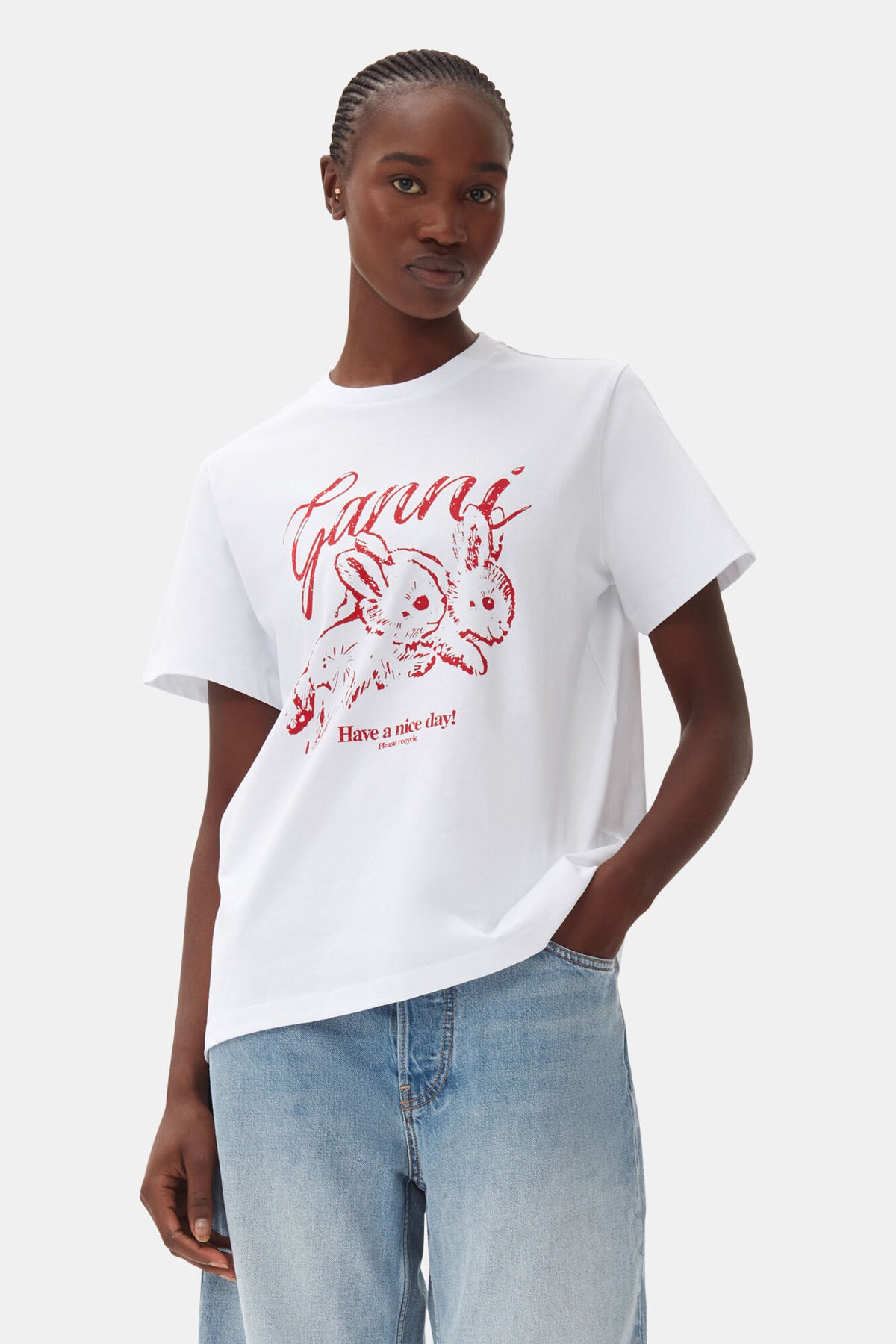 GANNI Basic Jersey Bunnies Relaxed T-Shirt - Bright White