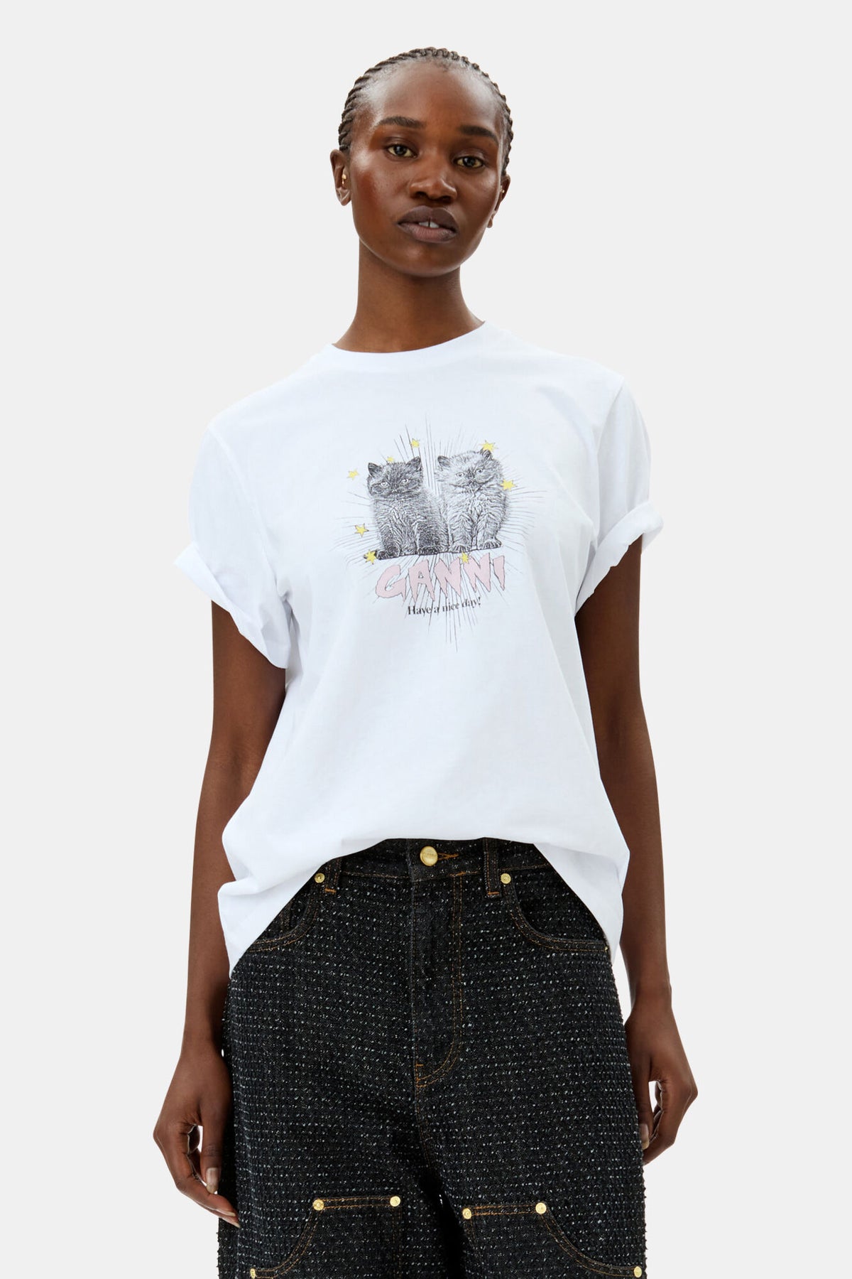GANNI Basic Jersey Kittens Relaxed T-Shirt - Bright White
