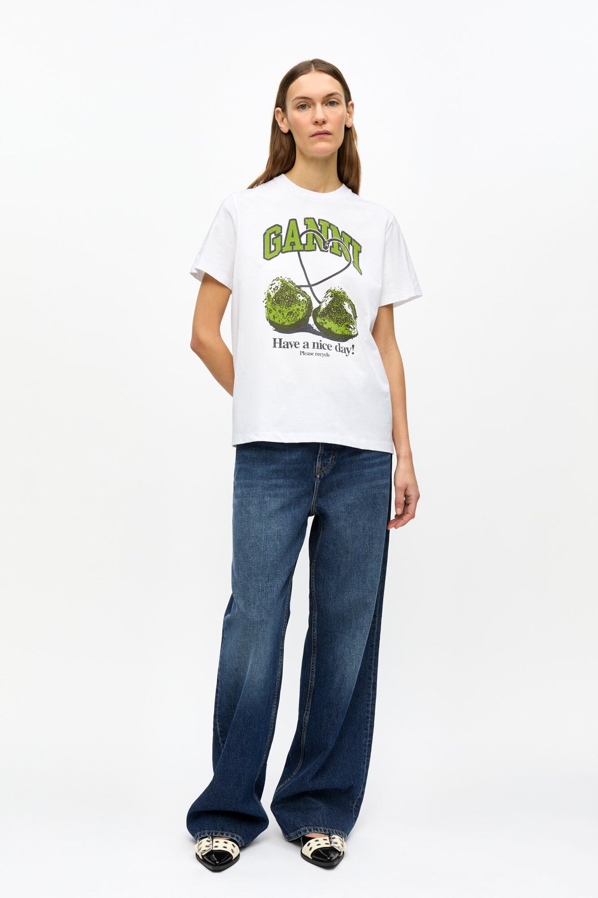 Basic Jersey Green Cherry Relaxed T-Shirt - Bright White