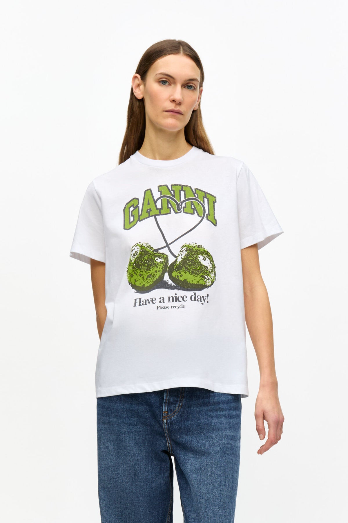 Basic Jersey Green Cherry Relaxed T-Shirt - Bright White