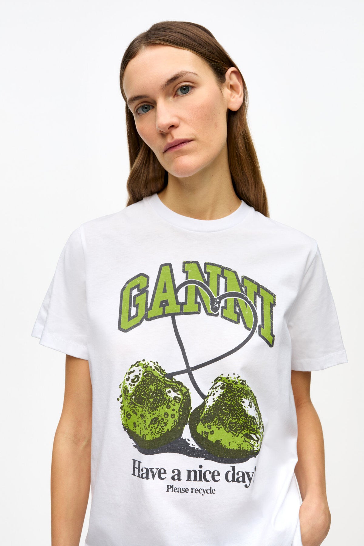 Basic Jersey Green Cherry Relaxed T-Shirt - Bright White