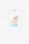 Basic Cotton Jersey Neon Kitty T-Shirt - Bright White