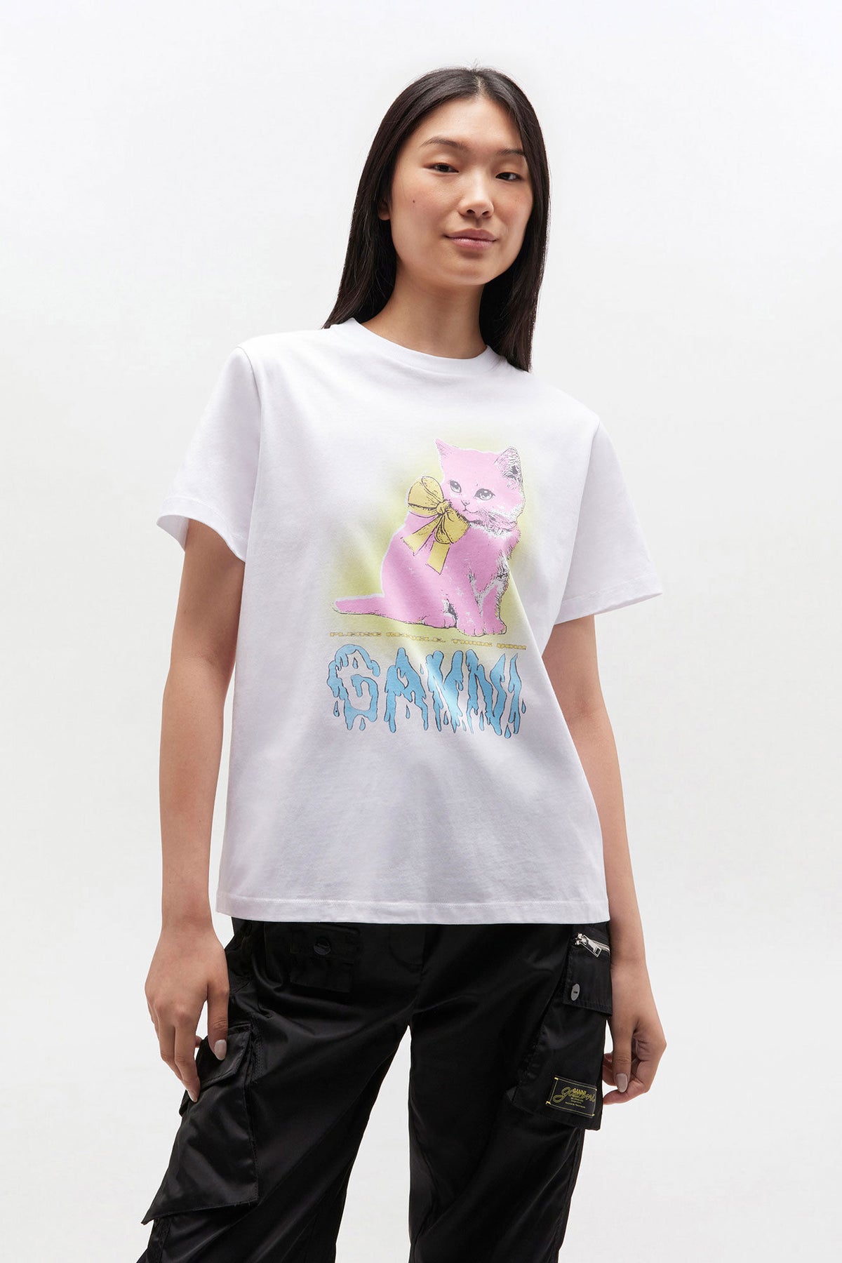 Basic Cotton Jersey Neon Kitty T-Shirt - Bright White