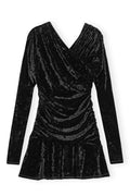 Velour Jersey Crossover Ruched Mini Dress - Black