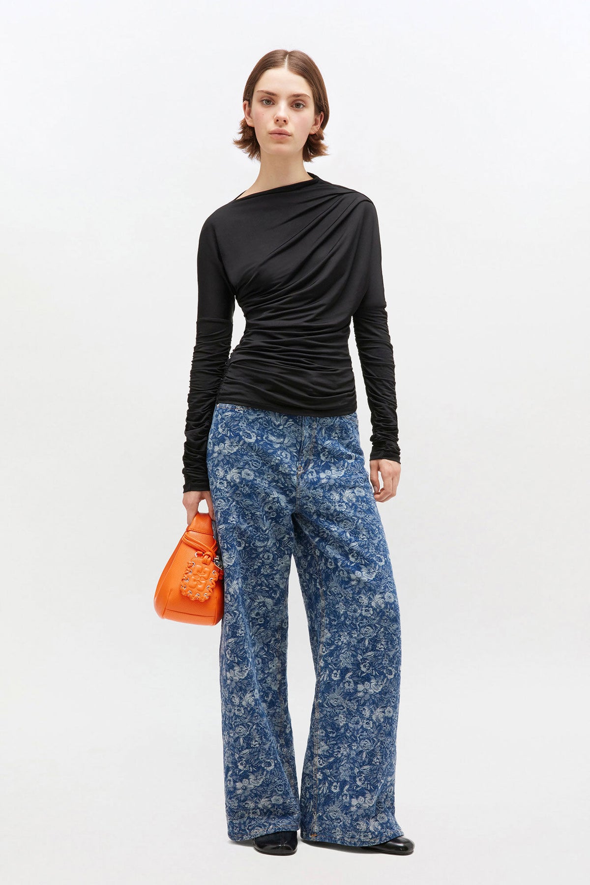Shiny Jersey Ruched Top - Svart