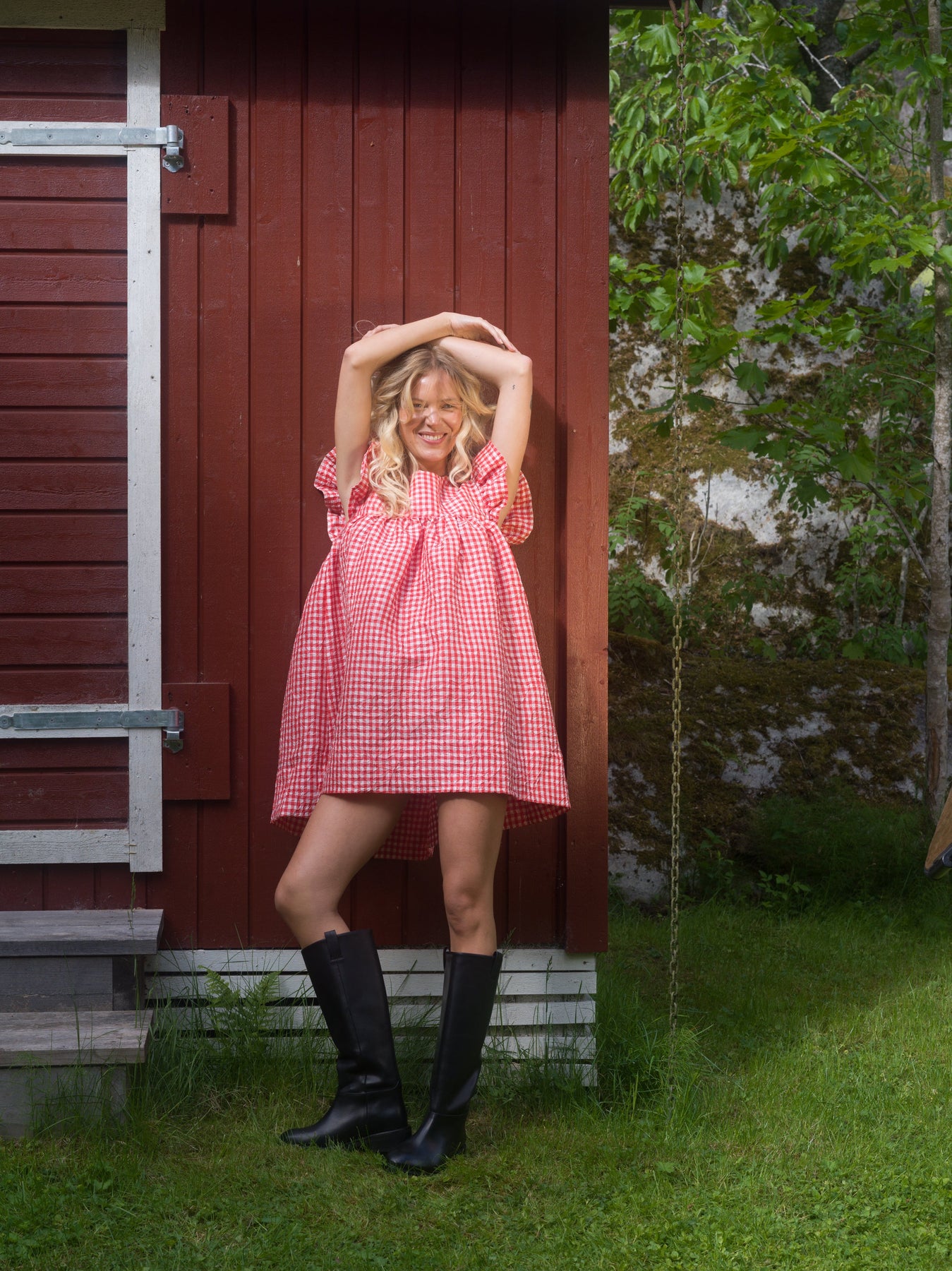 Crinkled Taffeta Check Frill Mini Dress - Red Alert