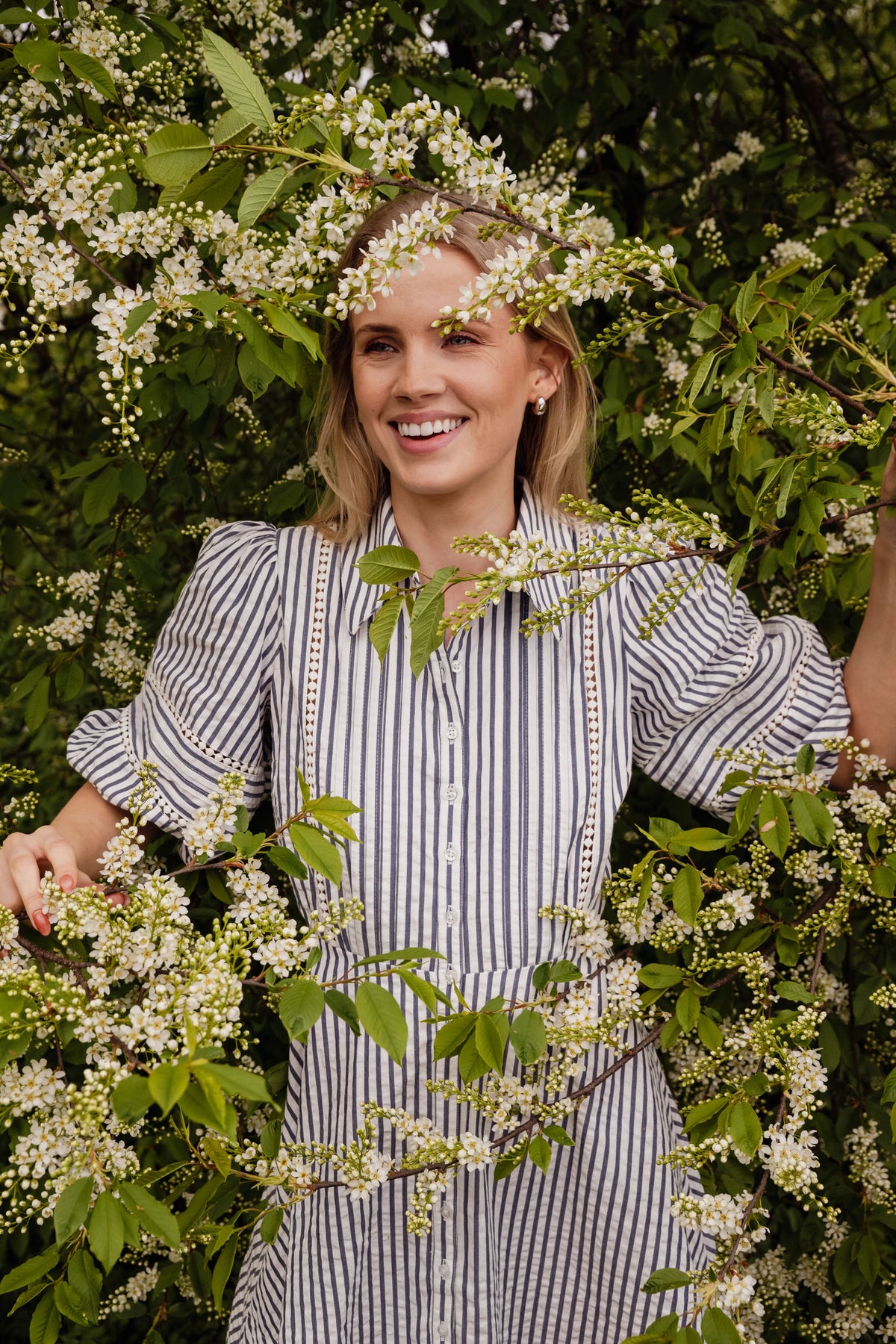 Seersucker Decorated Dress - Blå