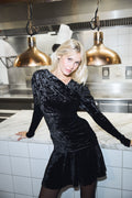Velour Jersey Crossover Ruched Mini Dress - Black