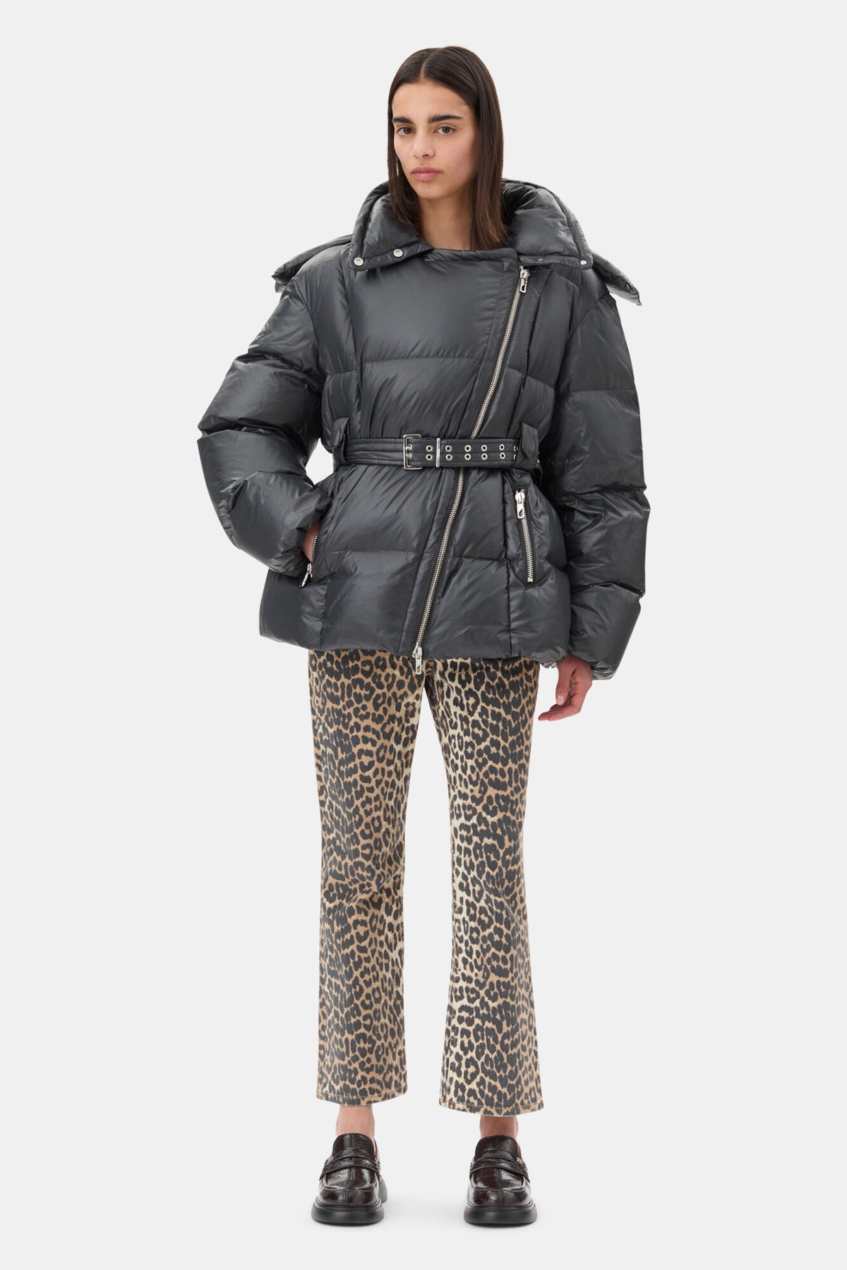 Shiny Nylon Puffer Jacket - Black Sand