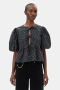 GANNI Printed Cotton Peplum Blouse - Phantom