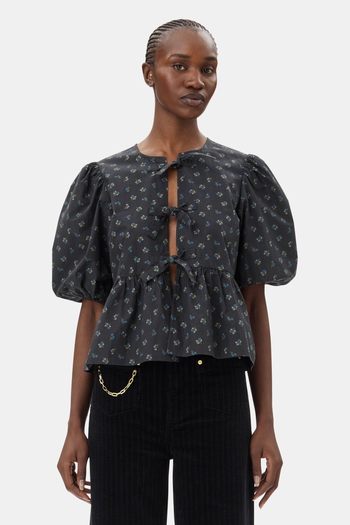 GANNI Printed Cotton Peplum Blouse - Phantom