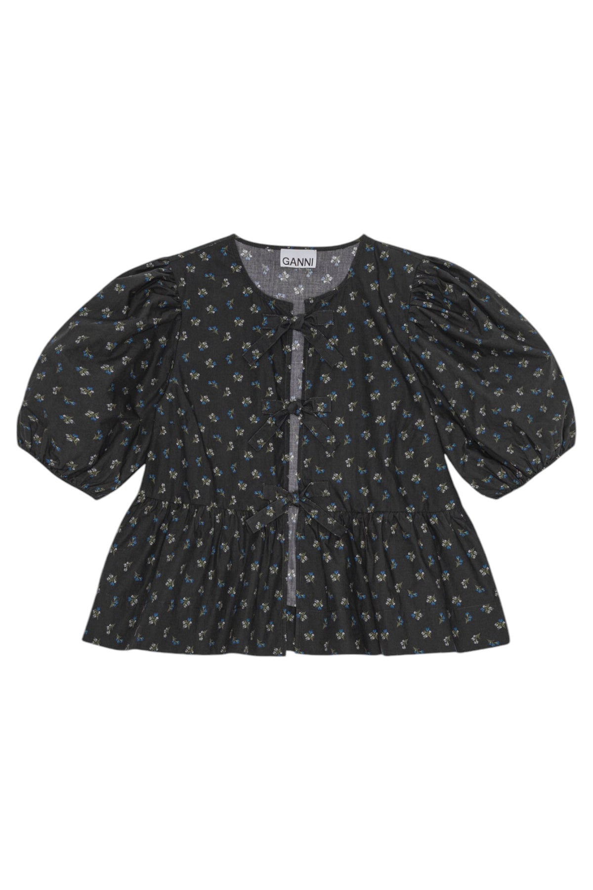 GANNI Printed Cotton Peplum Blouse - Phantom