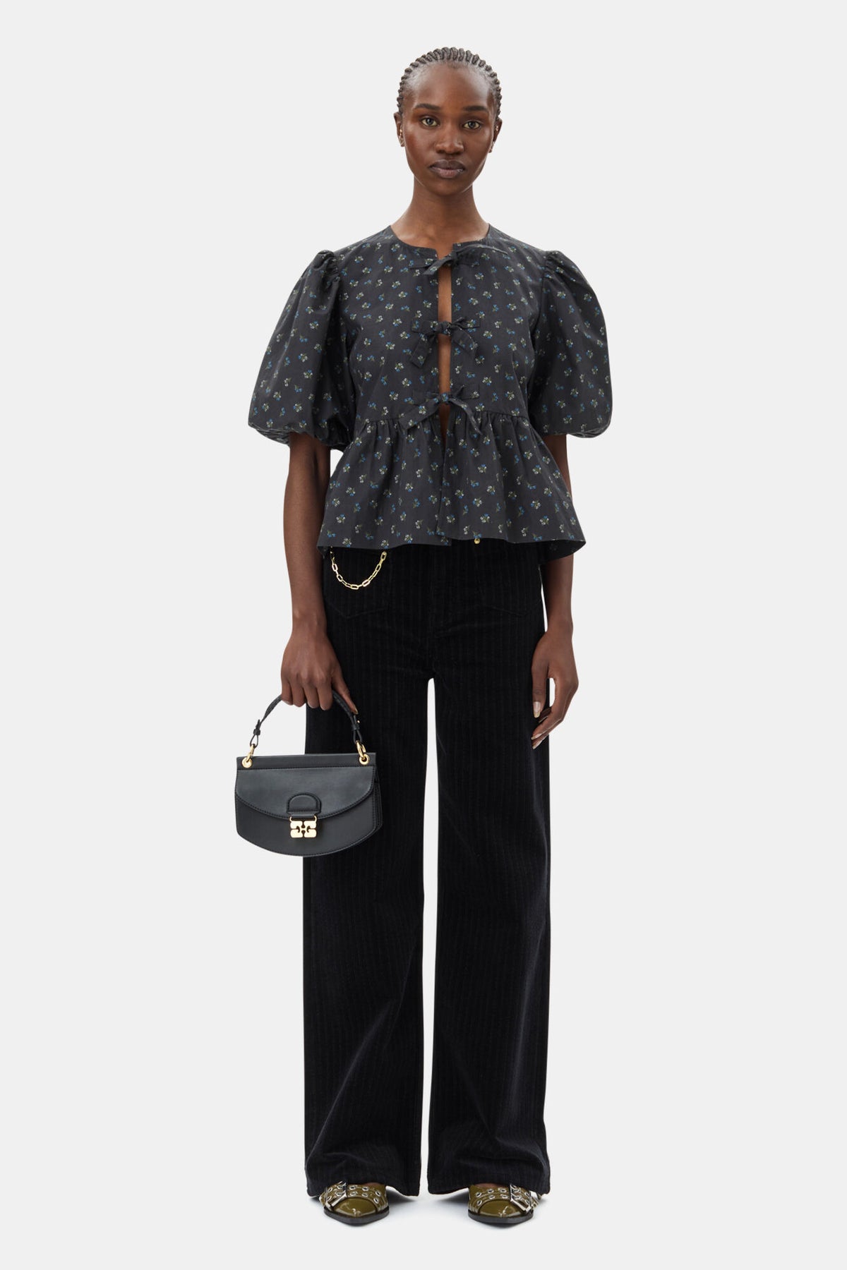 GANNI Printed Cotton Peplum Blouse - Phantom