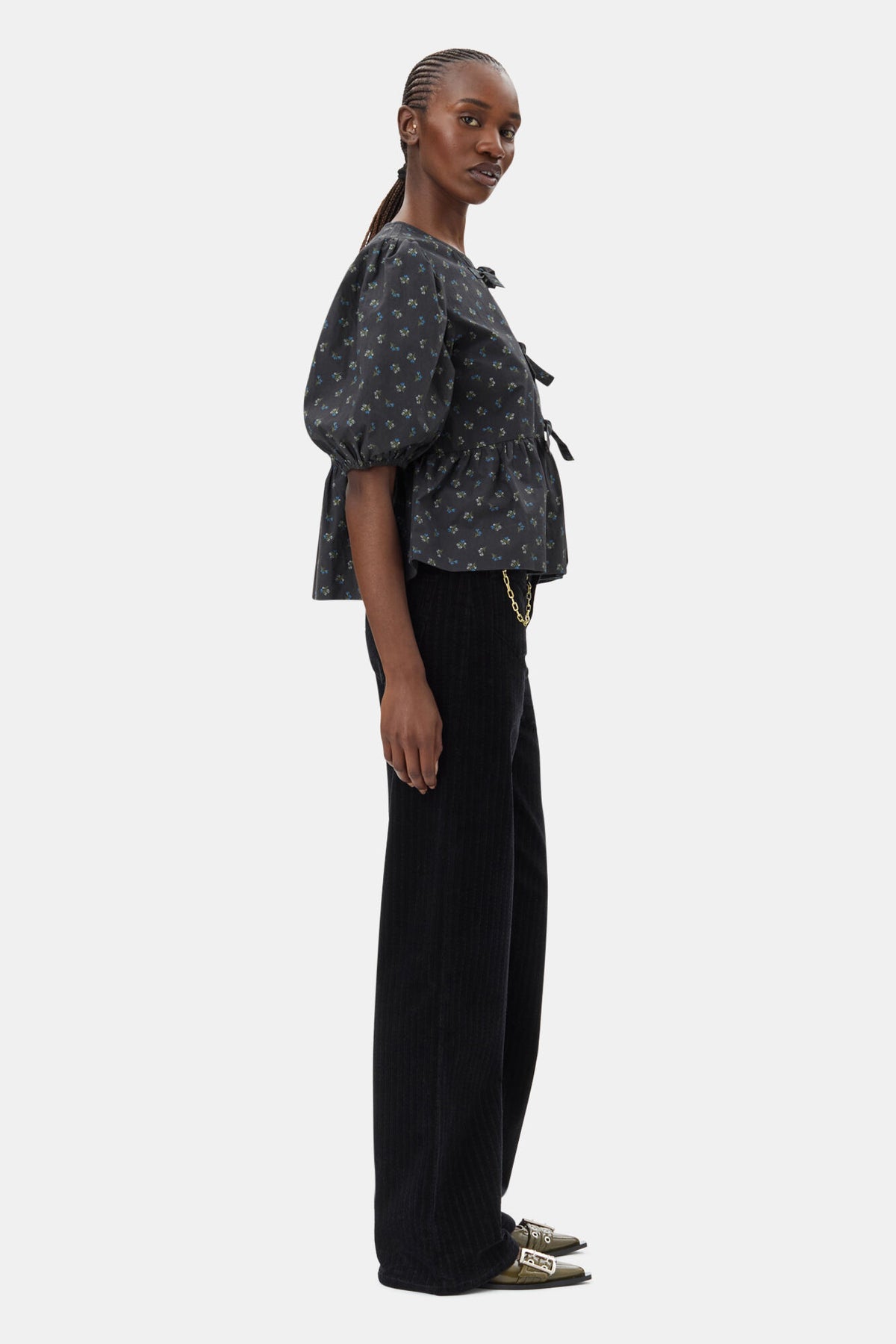 GANNI Printed Cotton Peplum Blouse - Phantom