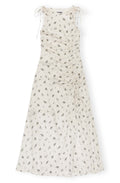 GANNI Printed Satin Gathered Long Dress - Egret