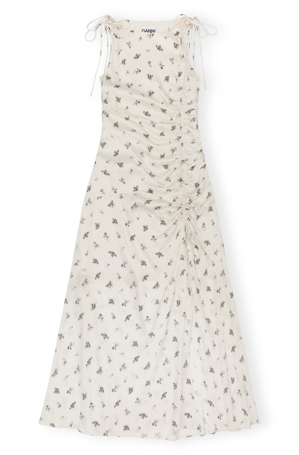 GANNI Printed Satin Gathered Long Dress - Egret