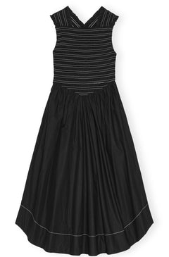 Washed Stretch Cotton Smock Midi Straps Dress - Black