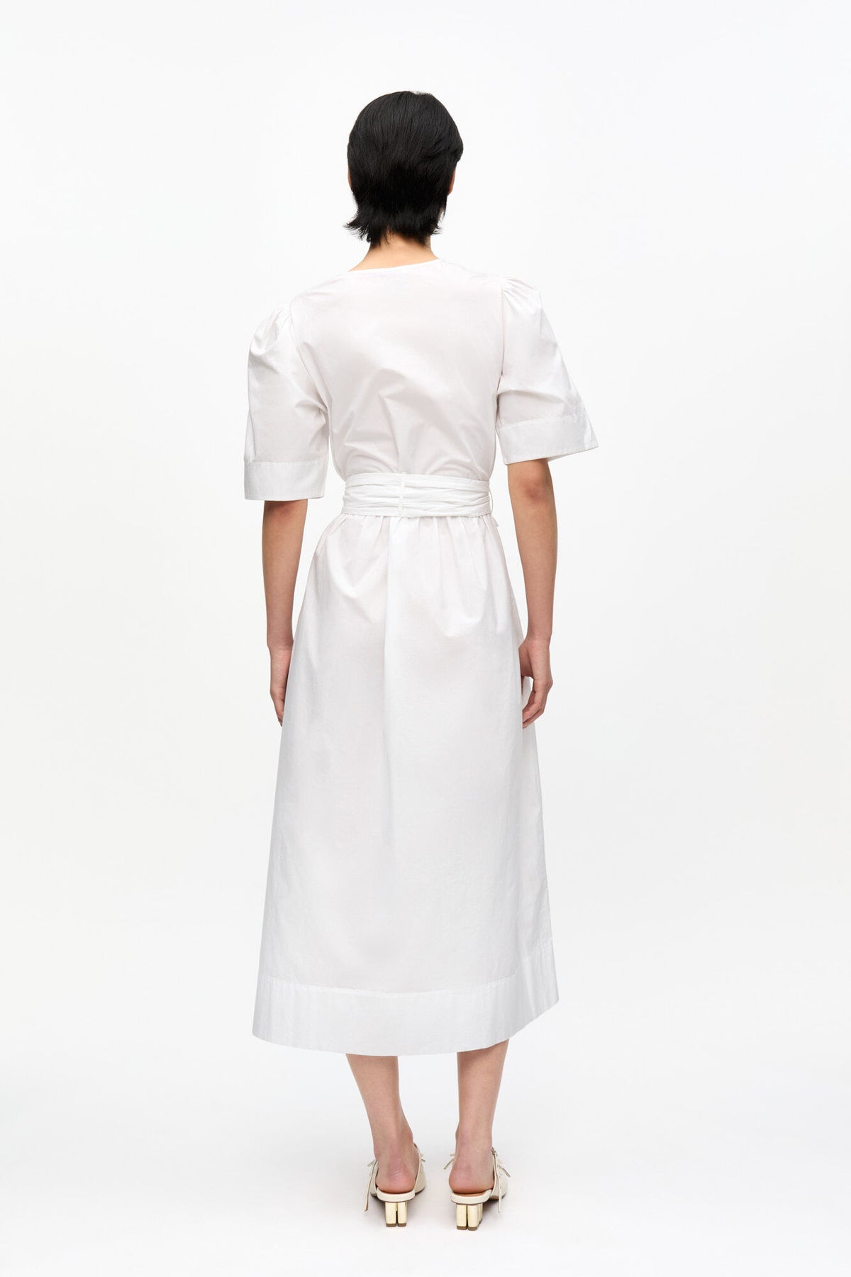 Washed Stretch Cotton Tie Strap Midi Dress - Bright White
