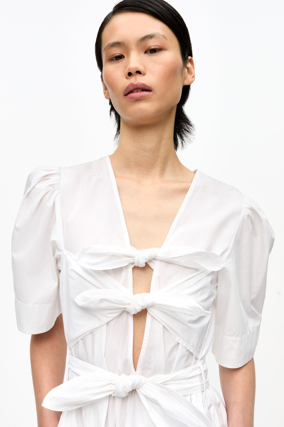 Washed Stretch Cotton Tie Strap Midi Dress - Bright White