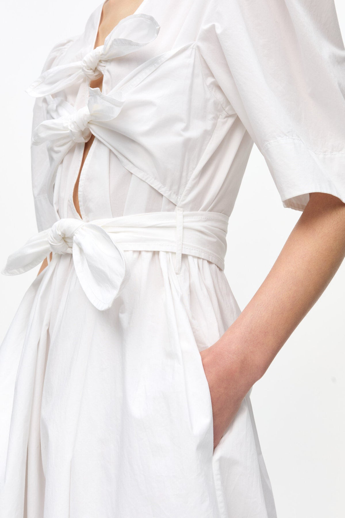 Washed Stretch Cotton Tie Strap Midi Dress - Bright White