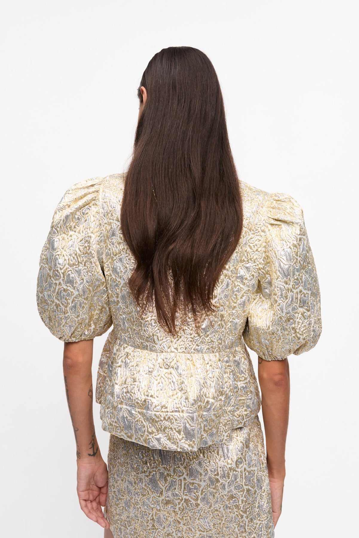 Metallic Cloque Peplum Blouse - Gold/Silver
